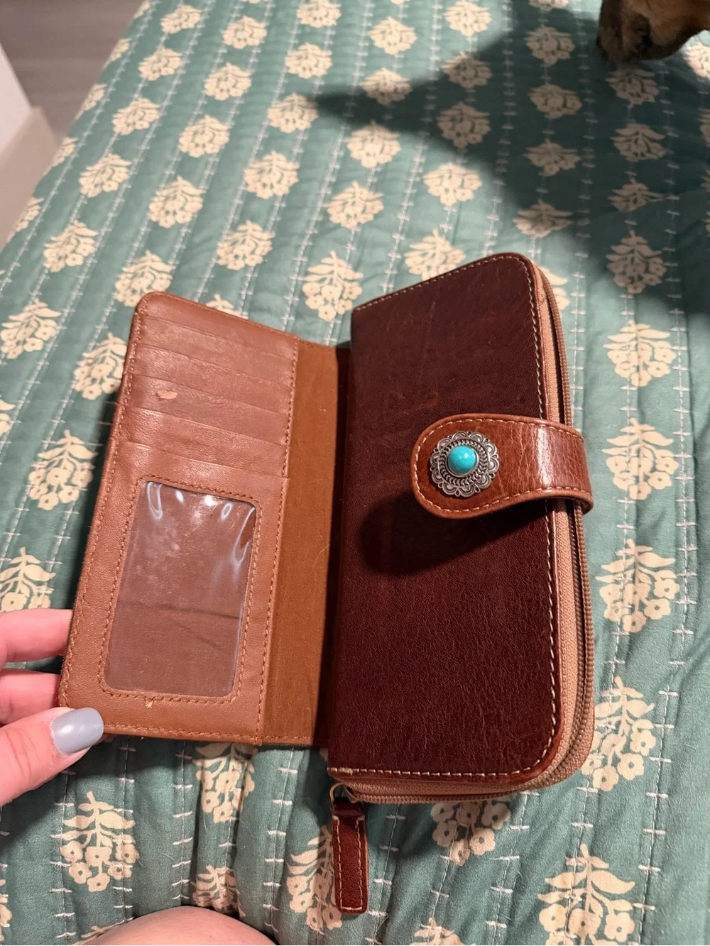 Brown Floral Tooled Leather Phone Wallet Case with Turquoise Accent